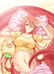 Rule 34 | 10s, 1girl, ahoge, arms up, bed sheet, breasts, frilled pillow, frills, hair ornament, hairclip, horns, lamia, large breasts, long hair, miia (monster musume), monster girl, monster musume no iru nichijou, navel, no panties, okayado, one eye closed, pajamas, pillow, pointy ears, red hair, scales, sheep, sheep horns, snake tail, solo, stuffed animal, stuffed sheep, stuffed toy, tail, wink, yellow eyes