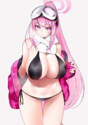 Rule 34 | 1girl, bare shoulders, bikini, black bikini, blue archive, blush, breasts, cleavage, eimi (blue archive), eimi (swimsuit) (blue archive), goggles, goggles on head, halo, high ponytail, highres, jacket, large breasts, long hair, long sleeves, looking at viewer, miya ur, navel, off shoulder, open clothes, open jacket, pink hair, pink jacket, purple eyes, scarf, sidelocks, ski goggles, solo, swimsuit, thighs, white scarf
