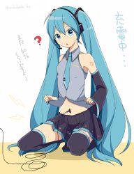 Rule 34 | 1girl, :o, ?, aqua eyes, aqua hair, bare shoulders, black thighhighs, boots, cable, detached sleeves, hatsune miku, headphones, headset, long hair, looking at viewer, nail polish, navel, navel insertion, necktie, nokuhashi, open mouth, skirt, sleeveless, solo, squatting, thigh boots, thighhighs, translation request, twintails, twitter username, very long hair, vocaloid