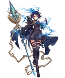 Rule 34 | 1girl, alice (sinoalice), armor, asymmetrical armor, back bow, black hair, bow, chain, choker, clock, crossed legs, dress, expressionless, full body, gauntlets, hairband, ji no, looking at viewer, official art, polearm, red eyes, ribbon, short hair, shoulder armor, sinoalice, solo, spear, thigh strap, thighhighs, transparent background, watson cross, weapon