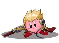 Rule 34 | :o, armor, bad id, bad twitter id, blonde hair, blue eyes, blush, chromatic aberration, commentary request, ea (fate/stay night), fate/stay night, fate (series), gauntlets, gilgamesh (fate), gold armor, hand up, highres, holding, holding sword, holding weapon, kirby, kirby (series), looking at viewer, nintendo, no humans, none (kameko227), open mouth, shadow, solo, sword, weapon, white background