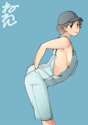 Rule 34 | 1girl, baseball cap, blue background, blue theme, breasts, brown eyes, brown hair, hands in pockets, hat, looking at viewer, naked overalls, neone, no bra, original, overall shorts, overalls, short hair, sideboob, simple background, solo, standing, tongue, tongue out