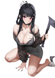Rule 34 | 1girl, absurdres, arm support, axe, barcode, barcode tattoo, bare shoulders, black bra, black dress, black hair, black nails, blunt bangs, bra, breast tattoo, breasts, brown sweater, cleavage, collarbone, d (killer wife) (nikke), d (nikke), dongtan dress, dress, goddess of victory: nikke, hair ornament, hairclip, hatchet (axe), heart, heart necklace, high heels, highres, holding, holding weapon, jewelry, kneeling, large breasts, long hair, meme attire, nail polish, necklace, official alternate costume, red eyes, ryuvie, simple background, solo, sweater, tattoo, underwear, weapon, white background