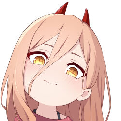 Rule 34 | 1girl, blush, casual, chainsaw man, chibi, closed mouth, commentary, cross-shaped pupils, demon girl, demon horns, hair between eyes, highres, horns, long bangs, long hair, looking at viewer, meme, narchiart, pink hair, power (chainsaw man), red shirt, shirt, smug, solo, strap, symbol-shaped pupils, t-shirt, upper body, white background, yellow eyes