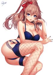 Rule 34 | 1girl, :d, ass, bare shoulders, black nails, blue bra, blue eyes, blue panties, blue thighhighs, blush, bra, breasts, brown hair, cleavage, collarbone, fishnet thighhighs, fishnets, garter belt, garter straps, hair between eyes, hair ribbon, hand up, highres, kantai collection, lace, lace-trimmed bra, lace-trimmed panties, lace trim, large breasts, long hair, looking at viewer, nail polish, open mouth, panties, red ribbon, ribbon, sakiyamama, saratoga (kancolle), side ponytail, sidelocks, signature, simple background, smile, solo, thighhighs, thighs, underwear, underwear only, white background