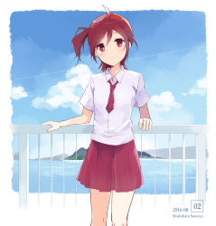 Rule 34 | 1girl, 2016, against railing, ahoge, blue sky, blush, character name, cloud, dated, day, highres, leaning against railing, looking at viewer, necktie, ocean, page number, railing, red eyes, red hair, red necktie, red skirt, saki (manga), school uniform, senseofexistenc, shirt, shishihara sawaya, short hair, short ponytail, short sleeves, side ponytail, skirt, sky, smile, solo, white shirt