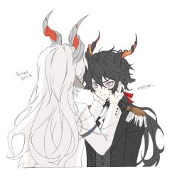 Rule 34 | 2boys, animal ears, arknights, black hair, black jacket, closed mouth, collared shirt, cropped torso, dress shirt, ebenholz (arknights), epaulettes, grey shirt, hair between eyes, hands on another&#039;s face, horns, jacket, korean text, kreide (arknights), long hair, long sleeves, looking to the side, male focus, multiple boys, open clothes, open jacket, purple eyes, rio (rio773), shirt, simple background, tears, translation request, upper body, v-shaped eyebrows, very long hair, white background, white jacket