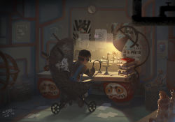 Rule 34 | 1boy, book, boots, brown shirt, dated, dial, indoors, industrial pipe, kezhou, light, male focus, original, overalls, poster (object), shirt, signature, solo, tagme, wheel, working