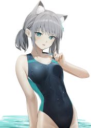 Rule 34 | 1girl, absurdres, animal ear fluff, animal ears, black one-piece swimsuit, blue archive, blue eyes, competition swimsuit, cross, cross hair ornament, extra ears, grey hair, hair ornament, halo, highleg, highleg swimsuit, highres, hiiragi mikoto, inverted cross, looking at viewer, low ponytail, mismatched pupils, multicolored clothes, multicolored swimsuit, official alternate costume, one-piece swimsuit, ponytail, shiroko (blue archive), shiroko (swimsuit) (blue archive), smile, solo, swimsuit, two-tone swimsuit