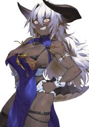 Rule 34 | 1girl, absurdres, armband, bare shoulders, biceps, black bra, bra, breasts, chyko7080, cleavage, commentary request, cowboy shot, dark-skinned female, dark skin, dragon horns, dragon tail, grin, hair between eyes, hair intakes, hands on own hips, highres, horns, large breasts, long hair, looking at viewer, muscular, muscular female, o-ring, orange eyes, original, pelvic curtain, red nails, revealing clothes, sanpaku, sideless outfit, simple background, single thighhigh, smile, solo, tail, thick eyebrows, thigh strap, thighhighs, underwear, v-shaped eyebrows, white background, white hair, wrist cuffs