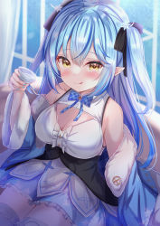 Rule 34 | 1girl, :q, blue coat, blue hair, blue nails, blue skirt, blush, breasts, cleavage, cleavage cutout, clothing cutout, coat, commentary request, corset, cup, elf, frilled skirt, frilled thighhighs, frills, hair ribbon, highres, holding, holding cup, hololive, large breasts, long hair, looking at viewer, multicolored hair, nail polish, off shoulder, open clothes, open coat, pointy ears, revision, ribbon, shirt, skirt, sleeveless, sleeveless shirt, snowflake print, solo, streaked hair, thighhighs, tongue, tongue out, two side up, virtual youtuber, white shirt, yellow eyes, yuano, yukihana lamy
