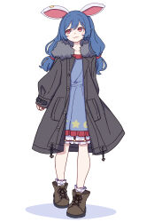 Rule 34 | 1girl, absurdres, animal ears, blue dress, blue hair, blush stickers, boots, brown footwear, closed mouth, coat, collarbone, dress, earclip, full body, grey coat, highres, kame (kamepan44231), long hair, long sleeves, one-hour drawing challenge, open clothes, open coat, rabbit ears, red eyes, seiran (touhou), simple background, smile, socks, solo, touhou, white background, white socks