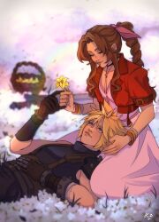 Rule 34 | 1boy, 1girl, aerith gainsborough, bandaged arm, bandages, bangle, belt, blonde hair, blue eyes, blue pants, blue shirt, bracelet, braid, braided ponytail, brown belt, brown gloves, brown hair, buster sword, choker, closed eyes, cloud strife, couple, cropped jacket, dress, field, final fantasy, final fantasy vii, final fantasy vii rebirth, final fantasy vii remake, flower, flower basket, flower choker, flower field, gloves, hair between eyes, hair ribbon, hand in another&#039;s hair, hand on own stomach, hetero, highres, holding, holding flower, jacket, jewelry, kuronekoart, lap pillow, lily (flower), long dress, long hair, looking at another, multiple belts, pants, parted bangs, pink dress, pink ribbon, red jacket, ribbon, shirt, short hair, short sleeves, sidelocks, signature, single braid, sleeveless, sleeveless turtleneck, smile, spiked hair, suspenders, turtleneck, wavy hair, white flower, yellow flower