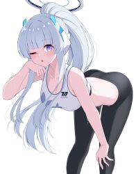 Rule 34 | 1girl, ;o, absurdres, alternate costume, alternate hairstyle, arm support, ass, bare arms, bare shoulders, bent over, black pants, blue archive, breasts, cleavage, commentary, crop top, duplicate, feet out of frame, grey hair, halo, hand on own knee, headgear, headphones, high ponytail, highres, large breasts, long hair, mechanical halo, midriff, noa (blue archive), one eye closed, pants, purple eyes, reia 76, revision, sidelocks, simple background, sports bra, sportswear, sweat, sweatdrop, thighs, twitter username, very long hair, white background, white hair, white sports bra, yoga pants
