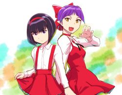 Rule 34 | bow, breasts, choker, closed mouth, dress, gegege no kitarou, hair bow, looking at viewer, multiple girls, nekomusume, nekomusume (gegege no kitarou 6), open mouth, pointy ears, purple hair, red bow, red choker, red dress, shirt, short hair, ueyama michirou, white shirt, yellow eyes