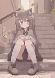 Rule 34 | 1girl, :3, absurdres, ahoge, alley, animal, animal ears, ankle boots, aqua eyes, artist name, biachan, boots, brown capelet, brown footwear, brown hair, brown skirt, capelet, cat, cat ears, cat girl, cat hair ornament, cat tail, colon br, full body, hair ornament, hairclip, highres, kneehighs, light smile, original, sitting, sitting on stairs, skirt, socks, stairs, tail, white socks