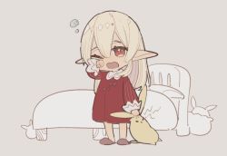 Rule 34 | 1girl, antenna hair, bed, blonde hair, full body, genshin impact, grey background, hair between eyes, klee (genshin impact), looking at viewer, looking back, mogomaco, one eye closed, open mouth, pajamas, red eyes, simple background, solo, stuffed animal, stuffed toy, yawning