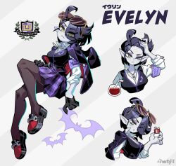 Rule 34 | 1girl, arm up, armband, bat (animal), black footwear, black gloves, black hair, black jacket, black vest, blush, buttons, closed mouth, colored skin, cup, donuttypd, drinking straw, evelyn (donuttypd), eyewear on head, floating, gift, gloves, green eyes, hand on leg, hand up, highres, jacket, jacket on shoulders, jewelry, liquid, long sleeves, looking at viewer, necklace, open clothes, open jacket, open mouth, original, plaid, plaid skirt, pointy ears, purple skirt, school uniform, sharp teeth, shirt, shoes, short hair, skirt, striped, striped background, sunglasses, teeth, vampire, vest, white shirt, white skin