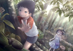 Rule 34 | 1boy, 1girl, bad id, bad pixiv id, bag, bandages, beetle, black hair, bug, cage, child, clenched teeth, dress, flower, grey eyes, hand net, hat, highres, bug, leaf, net, open mouth, original, outstretched arm, outstretched hand, scenery, short hair, shorts, strap, taka (tsmix), tears, teeth, tree, tree stump