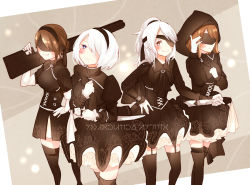 Rule 34 | 4girls, android, arm at side, armlet, axi125, bad id, bad pixiv id, belt, black gloves, black hairband, black legwear, black shorts, blindfold, boots, breasts, brown hair, character request, commentary request, covered eyes, dress, elbow gloves, eyepatch, feather-trimmed sleeves, garter straps, gloves, hairband, ishikawa yui, jacket, knee boots, looking at another, multiple girls, nier (series), nier:automata, short hair, short shorts, shorts, silver hair, sword, voice actor connection, weapon, 2b (nier:automata), 9s (nier:automata), a2 (nier:automata)
