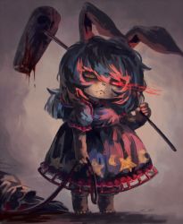 Rule 34 | 1girl, :&lt;, animal ears, bad id, bad pixiv id, blood, bloody weapon, blue hair, dark, dress, dripping, eye trail, full body, glowing, glowing eye, holding, holding leash, holding weapon, kine, koto inari, leash, legacy of lunatic kingdom, light trail, long hair, looking at viewer, mallet, puffy short sleeves, puffy sleeves, rabbit ears, red eyes, seiran (touhou), short sleeves, standing, star (symbol), star print, touhou, weapon