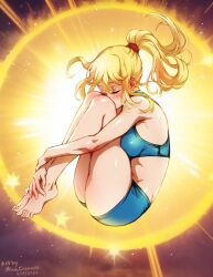 Rule 34 | 1girl, bare arms, bare legs, barefoot, blonde hair, blue sports bra, blush, breasts, closed eyes, commentary, crop top, english commentary, feet, fetal position, folded, full body, gameplay mechanics, high ponytail, highres, knees up, legs, legs together, long hair, medium breasts, metroid, mina cream, nintendo, samus aran, short shorts, shorts, solo, sports bra, super metroid, thighs, toenails, toes