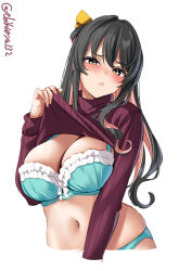 Rule 34 | 1girl, alternate costume, blue bra, blue panties, bra, breasts, cleavage, closed mouth, clothes lift, cropped legs, ebifurya, frilled bra, frills, highres, kantai collection, large breasts, long hair, looking at viewer, naganami (kancolle), navel, one-hour drawing challenge, panties, simple background, solo, sweater, sweater lift, twitter username, underwear, white background, yellow eyes