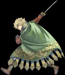 Rule 34 | 1boy, black gloves, blonde hair, boots, brown footwear, cloak, from side, full body, gate of nightmares, gloves, green cloak, green eyes, holding, holding sword, holding weapon, looking at viewer, mashima hiro, official art, oliver (gate of nightmares), rapier, short hair, simple background, solo, sword, transparent background, weapon