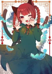 Rule 34 | 1girl, ;d, animal ears, black bow, blush, bow, braid, cat ears, claw pose, commentary, dress, fang, flame-tipped tail, flat color, green dress, highres, kaenbyou rin, long sleeves, nail polish, necono (nyu6poko), nekomata, one eye closed, open mouth, red eyes, red hair, red nails, sketch, skin fang, smile, solo, tail, touhou, twin braids