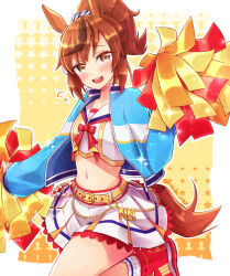 Rule 34 | 1girl, animal ears, belt, blue jacket, blush, breasts, brown hair, commentary, crop top, flying sweatdrops, highres, holding, holding pom poms, horse ears, horse girl, horse tail, jacket, long sleeves, looking at viewer, miniskirt, multicolored hair, navel, nice nature (run&amp;win) (umamusume), nice nature (umamusume), open clothes, open jacket, open mouth, pom pom (cheerleading), pom poms, ponytail, red footwear, ruzuki aaa, sailor collar, shirt, shoes, short hair, skirt, small breasts, sneakers, socks, solo, streaked hair, tail, twitter username, umamusume, white shirt, white skirt, white socks, yellow eyes