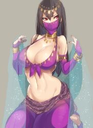 Rule 34 | 10s, 1girl, arabian clothes, bad id, bad twitter id, bracelet, breasts, bridal gauntlets, cleavage, dancer, elbow gloves, female focus, front-tie top, gloves, half mask, harem outfit, highres, hohehohe, jewelry, kantai collection, large breasts, long hair, mask, midriff, mouth veil, nagato (kancolle), solo, veil