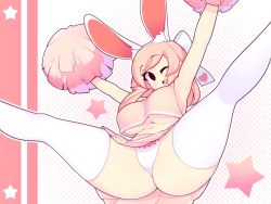Rule 34 | 1girl, ;d, animal ears, armpits, arms up, ass, bare arms, breasts, cheerleader, commentary, english commentary, fiz (fizintine), fizintine, hair ribbon, halftone, halftone background, heart, highres, jumping, large breasts, long hair, looking at viewer, no pupils, one eye closed, open mouth, original, panties, pink hair, pink skirt, pleated skirt, pom pom (cheerleading), rabbit ears, ribbon, simple background, skirt, smile, solo, star (symbol), thick thighs, thighhighs, thighs, underboob, underwear, white panties, white ribbon, white thighhighs