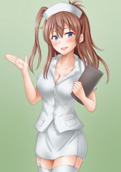 Rule 34 | 1girl, alternate costume, anti (untea9), blue eyes, breasts, brown hair, clipboard, collarbone, cowboy shot, gradient background, green background, hat, highres, holding, holding clipboard, impossible clothes, kantai collection, large breasts, nurse, nurse cap, pocket, ponytail, saratoga (kancolle), shirt, short sleeves, side ponytail, skirt, smile, solo, thighhighs, unbuttoned, unbuttoned shirt, white shirt, white skirt, white thighhighs