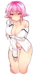 Rule 34 | 1girl, bad id, bad twitter id, blush, breasts, chaos;child, embarrassed, highres, no bra, onoe serika, red eyes, rotte (1109), shirt, solo, sweat, thighs