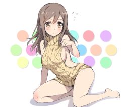 Rule 34 | 10s, 1girl, aran sweater, backless dress, backless outfit, bare shoulders, blush, breasts, brown hair, cable knit, closed mouth, dress, flying sweatdrops, full body, hair between eyes, halterneck, heart, kunikida hanamaru, large breasts, long hair, looking down, love live!, love live! sunshine!!, meme attire, naked sweater, polka dot, polka dot background, ribbed sweater, shadow, simple background, sitting, solo, sweater, sweater dress, tonee, turtleneck, turtleneck sweater, virgin killer sweater, white background, yellow eyes, yokozuwari
