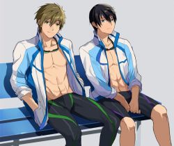Rule 34 | 10s, 2boys, abs, bench, black hair, black jammers, black male swimwear, blue eyes, blush, brown hair, clothes lift, free!, goggles, goggles around neck, green eyes, hands in pockets, jacket, jammers, legskin, male focus, male swimwear, multiple boys, muscular, nanase haruka (free!), nonhomo gyunyu, on bench, open mouth, shirt lift, short hair, sitting, sleeves rolled up, smile, sweat, swimsuit, tachibana makoto, track jacket