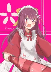 Rule 34 | 1girl, absurdres, apron, bow, character name, commentary request, cowboy shot, flower, frilled apron, frills, hair bow, hair flower, hair ornament, highres, japanese clothes, kamikaze (kancolle), kantai collection, kimono, long hair, looking at viewer, maid, maid headdress, natuya sai., open mouth, pink background, purple eyes, purple hair, red kimono, solo, teeth, tube, upper teeth only, wa maid, white apron, yellow bow