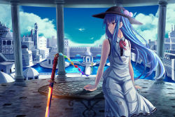 Rule 34 | 1girl, adapted costume, bare shoulders, blue hair, bow, commentary request, dress, food, fruit, hat, highres, hinanawi tenshi, long hair, peach, red bow, red eyes, red neckwear, revision, sitting, sleeveless, sleeveless dress, solo, sword, sword of hisou, table, torottye, touhou, weapon, white dress
