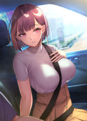 Rule 34 | 1boy, 1girl, blush, breasts, brown hair, car interior, commentary request, earrings, gentsuki, hand on own chest, highres, jewelry, large breasts, looking at viewer, original, pink eyes, ribbed shirt, seatbelt, shirt, short hair, solo focus