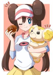 Rule 34 | 1girl, ;t, aqua eyes, black pantyhose, border, bow, breasts, bright pupils, brown hair, closed mouth, collarbone, commentary request, creatures (company), double bun, doughnut, eating, fidough, food, game freak, hair bun, highres, holding, holding food, holding pokemon, long hair, miyama (yakinikusushi the royal), nintendo, notice lines, one eye closed, outside border, pantyhose, pantyhose under shorts, pink bow, pokemon, pokemon (creature), pokemon bw2, raglan sleeves, rosa (pokemon), shirt, shorts, smile, twintails, visor cap, white border, white pupils, yellow shorts