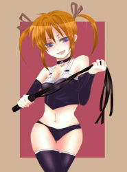 Rule 34 | 00s, 1girl, artist request, bad id, bad pixiv id, bare shoulders, black panties, black thighhighs, blue eyes, bow, collar, detached sleeves, dominatrix, grin, hair bow, hair ornament, lyrical nanoha, mahou shoujo lyrical nanoha, midriff, navel, panties, red hair, smile, solo, takamachi nanoha, thighhighs, twintails, underwear, whip, white devil, wide hips, zettai ryouiki