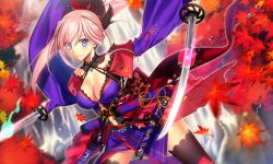 Rule 34 | 1girl, asymmetrical hair, blue eyes, breasts, cleavage, detached sleeves, dual wielding, earrings, fate/grand order, fate (series), frills, fuyuki (neigedhiver), halterneck, highres, holding, holding sword, holding weapon, japanese clothes, jewelry, katana, kimono, leaf, miyamoto musashi (fate), miyamoto musashi (third ascension) (fate), outdoors, ponytail, sash, scabbard, sheath, silver hair, solo, sword, thighhighs, weapon