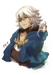 Rule 34 | 1boy, 1girl, ahoge, blue capelet, blue eyes, blue hood, book, capelet, chibi, father and daughter, fire emblem, fire emblem fates, holding, holding book, hood, hood down, hooded capelet, low twintails, lowres, niles (fire emblem), nina (fire emblem), nintendo, parted bangs, tefutene, twintails, white hair