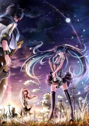 Rule 34 | 1boy, 2girls, bad id, bad pixiv id, bird, blue eyes, blue hair, boots, cloud, guitar, hatsune miku, instocklee, instrument, kaito (vocaloid), left-handed, long hair, megurine luka, moon, multiple girls, night, night sky, outdoors, petals, pink hair, power lines, scarf, skirt, sky, star (sky), thighhighs, twintails, very long hair, vocaloid, wind