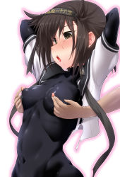 Rule 34 | 1girl, arms behind head, arms up, black bodysuit, black hat, blush, bodysuit, breasts, clothes writing, covered erect nipples, covered navel, crying, crying with eyes open, dark-skinned male, dark skin, ear blush, green eyes, hat, hatsuzuki (kancolle), heart, heart-shaped pupils, highres, kantai collection, looking down, medium breasts, nipple cutout, nipple sleeves, nipple stimulation, nipple tweak, nipples, open mouth, saliva, shirt, short sleeves, skin tight, solo focus, sweat, symbol-shaped pupils, tears, torn clothes, torn shirt, upper body, white shirt, yoshi tama