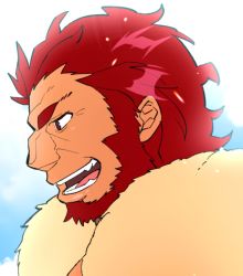 Rule 34 | 1boy, backlighting, beard, blue eyes, cape, chako nejio, close-up, facial hair, fate/grand order, fate/zero, fate (series), flat color, from side, fur-trimmed cape, fur trim, iskandar (fate), looking at another, male focus, manly, open mouth, portrait, red eyes, red hair, short hair, simple background, smile, solo, teeth