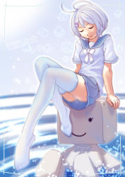 Rule 34 | .live, 1girl, ahoge, arms at sides, blue sailor collar, blue skirt, bow, box, breasts, cardboard box, censored, closed eyes, closed mouth, commentary request, danboo, grey hair, hair ornament, hairclip, highres, mosaic censoring, neck ribbon, pleated skirt, ribbon, sailor collar, short hair, short sleeves, dennou shoujo siro, skirt, small breasts, smile, solo, soon (c-u-soon), thighhighs, translation request, virtual youtuber, white bow, white ribbon, white thighhighs, yotsubato!, zettai ryouiki