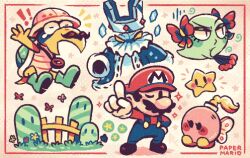 Rule 34 | blonde hair, blue overalls, blue robe, bob-omb, bombette, boo (mario), bow, bow (paper mario), braid, crown, crystal king, facial hair, fence, gloves, grass, helmet, kolorado, koopa troopa, mario, mustache, one eye closed, oniri boy, overalls, paper mario, paper mario 64, pith helmet, red bow, red headwear, red shirt, robe, shirt, star (symbol), twink (paper mario), white gloves, yellow eyes