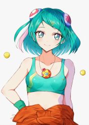 Rule 34 | 1girl, bad id, bad pixiv id, bare arms, bare shoulders, blue eyes, blush, bra, breasts, closed mouth, clothes around waist, collarbone, green bra, green hair, hagoromo lala, hair ornament, hairclip, hand on own hip, head tilt, heart, highres, jewelry, looking at viewer, multicolored hair, necklace, pink hair, precure, rudo (rudorudo0917), short hair, sidelocks, simple background, small breasts, smile, solo, sports bra, standing, star-shaped pupils, star (symbol), star twinkle precure, streaked hair, sweatband, symbol-shaped pupils, underwear, white background, white hair, wristband