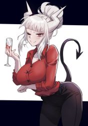 Rule 34 | 1girl, ;), alcohol, black pants, blunt bangs, blush, breasts, closed mouth, collarbone, collared shirt, commentary, cowboy shot, cup, demon girl, demon horns, demon tail, dress shirt, drinking glass, helltaker, holding, holding cup, horns, jagaimo (kkamja), large breasts, leaning forward, long sleeves, looking at viewer, lucifer (helltaker), makeup, mole, mole under eye, one eye closed, pants, pointy ears, red eyes, red shirt, shirt, sidelocks, slit pupils, smile, solo, tail, white background, white hair, white horns, wine, wine glass